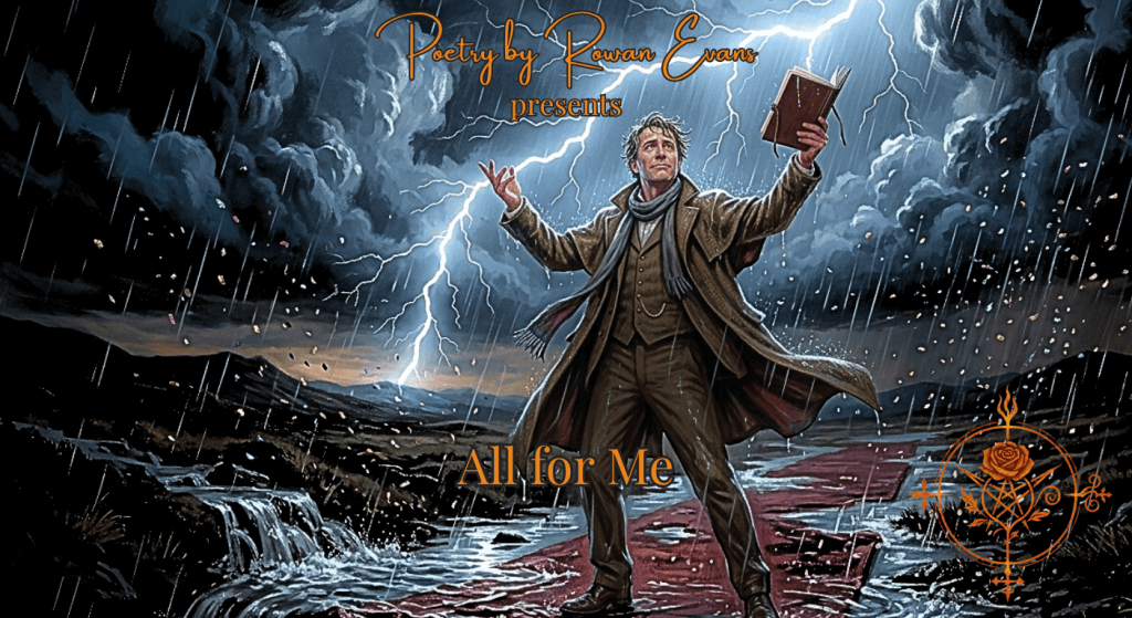 A poet posing beneath a storm as lightning flashes and rain floods a red carpet in an exaggerated celebration.