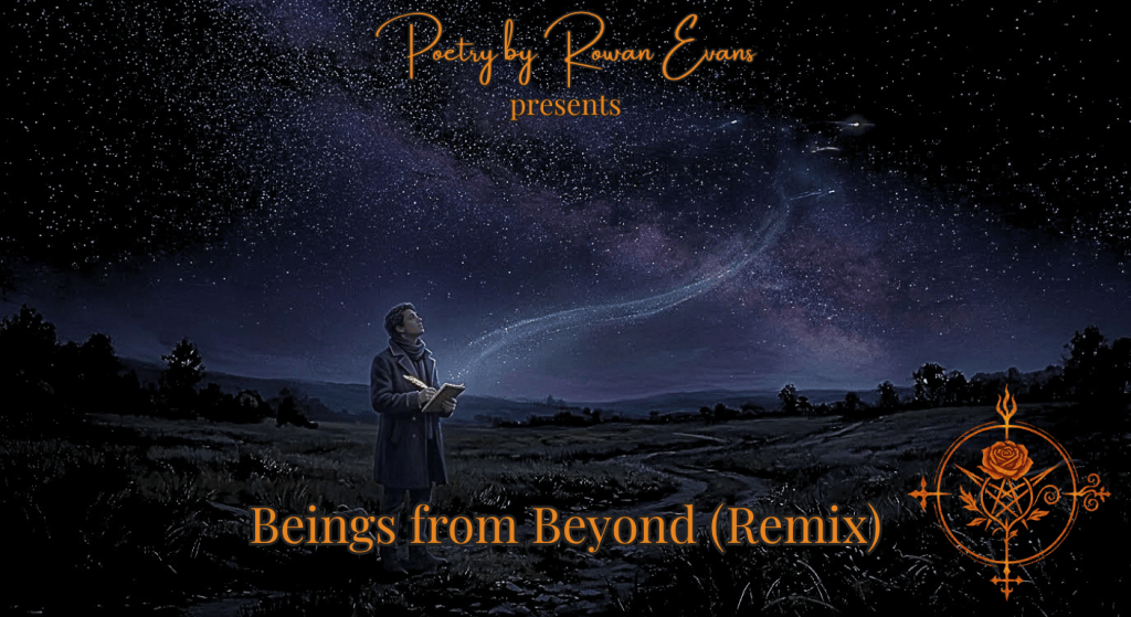 A poet stands beneath a vast star-filled sky, watching mysterious cosmic lights that may be distant stars or possible visitors from beyond.