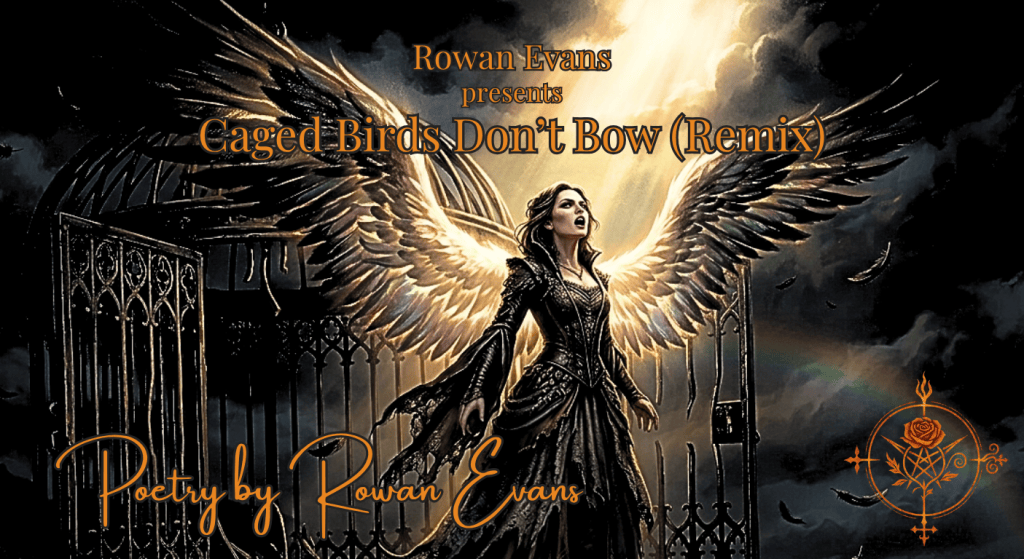 A woman with luminous wings stands before a broken iron cage as feathers scatter into a stormy sky.