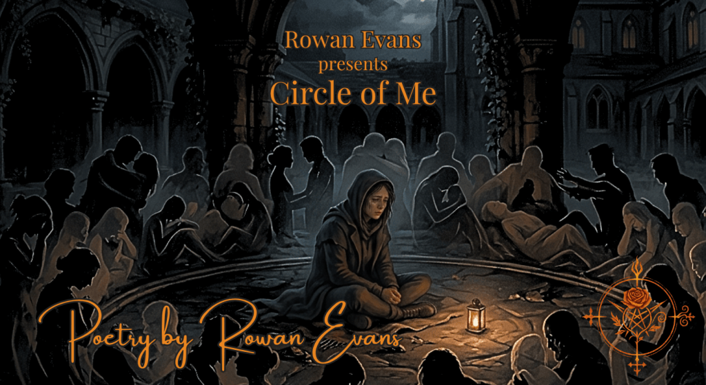 A solitary figure sitting within a circle of shadowy figures representing memories, emotions, and shared burdens.