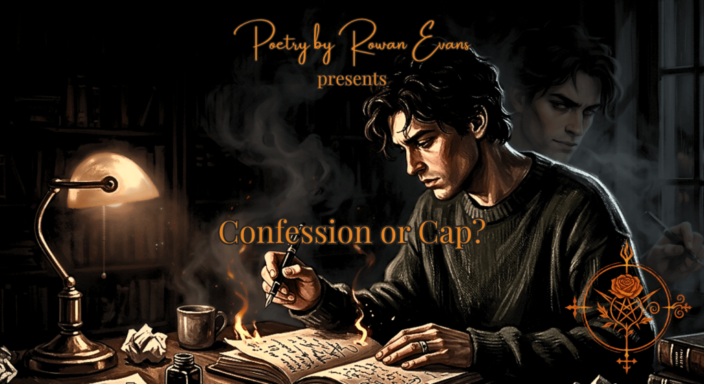A poet writing at a desk while a shadowy version of themselves and flames rise from the pages.