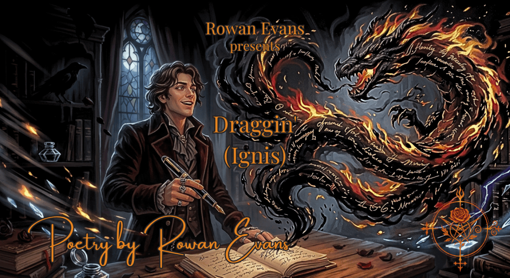 A playful poet stands with a fountain pen as black ink transforms into a mischievous dragon surrounded by flames, ice, and motion.