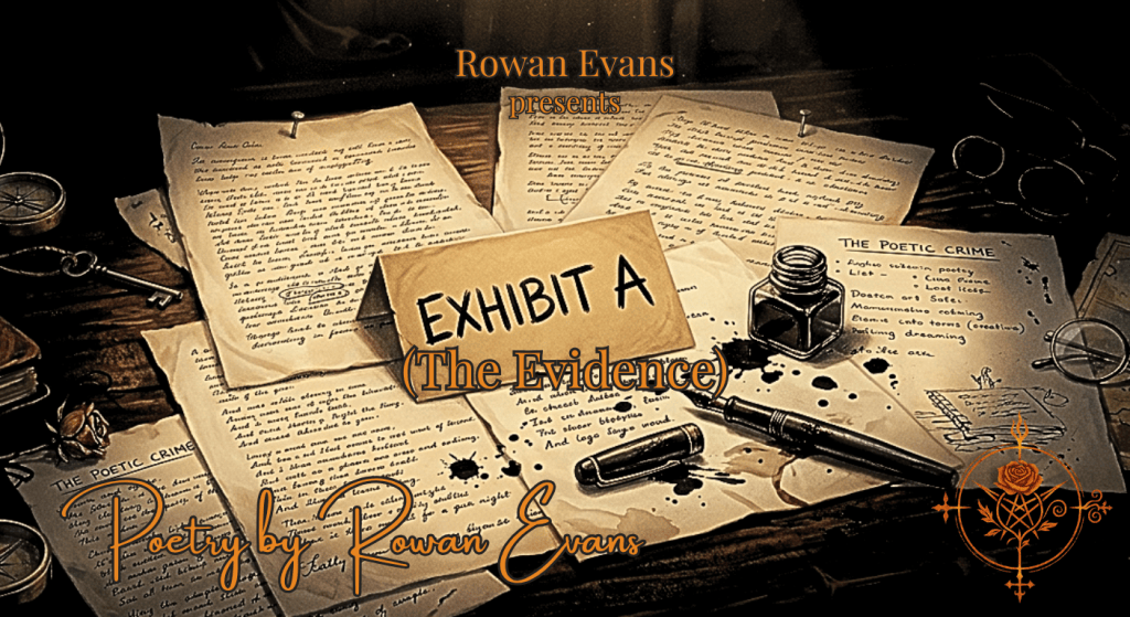 A handwritten poetry manuscript arranged like evidence beneath a spotlight with an “Exhibit A” card and scattered pages.