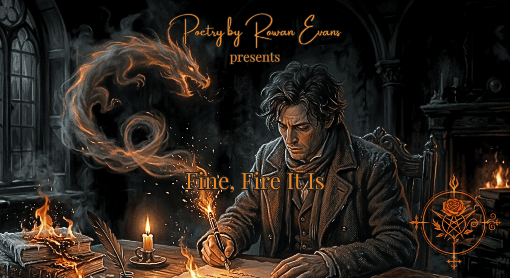 A poet writing with a smoking pen as melting ice gives way to flames and glowing embers.