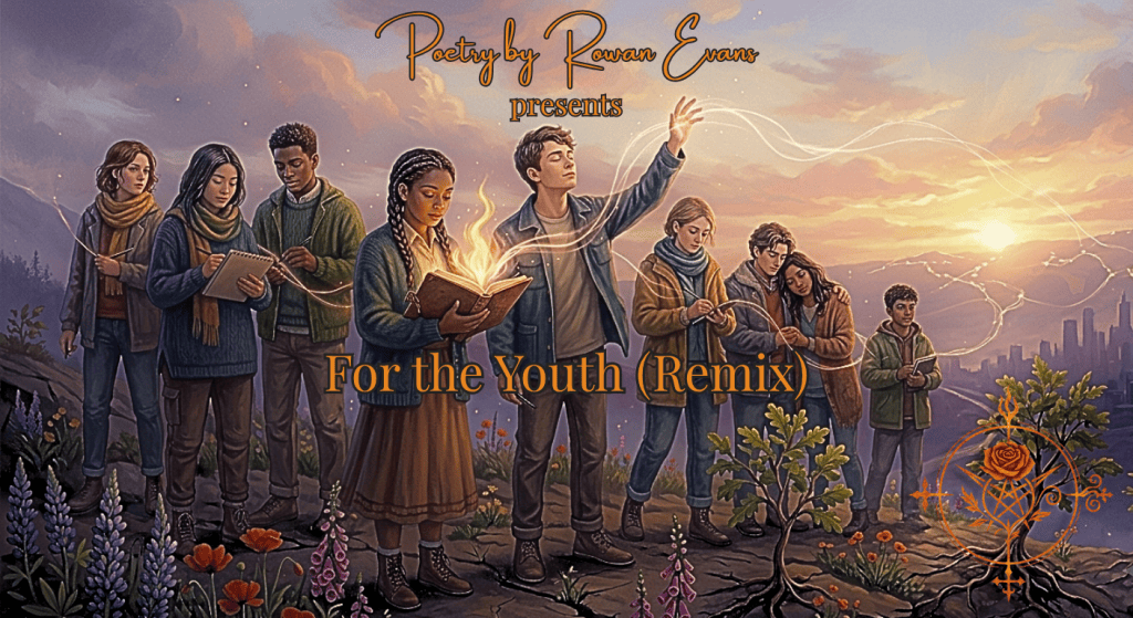 Young poets and dreamers standing together beneath a sunrise, surrounded by blooming flowers, growing trees, and radiant light.
