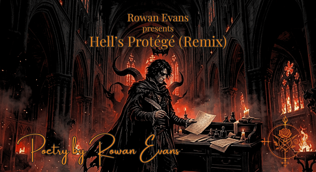 A gothic illustration of a poet standing in an infernal cathedral surrounded by flames, ash, dark shadows, and a symbolic crown.