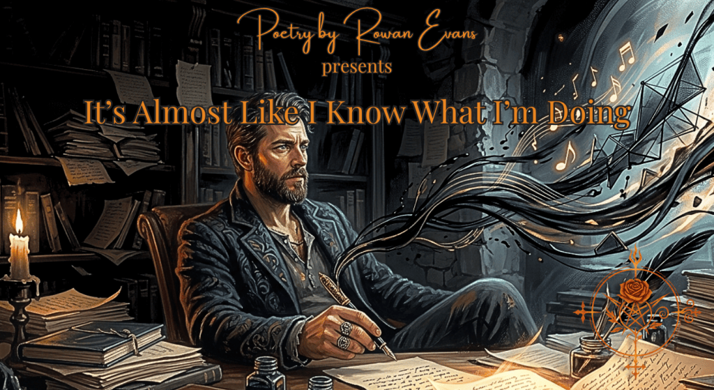A confident poet writing at a desk surrounded by years of notebooks as flowing ink becomes rhythm, emotion, and creative energy.