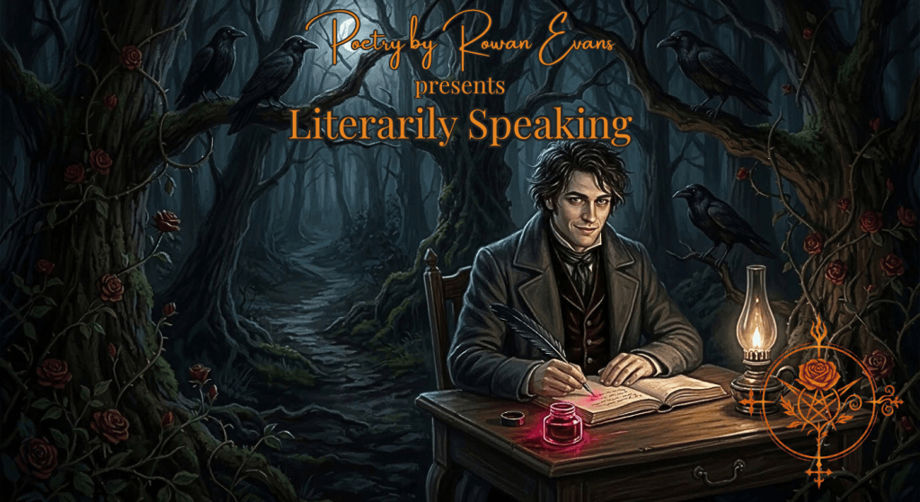 A calm poet writes with a raven-feather quill and crimson rose-petal ink at a gothic desk surrounded by ravens and dark roses.
