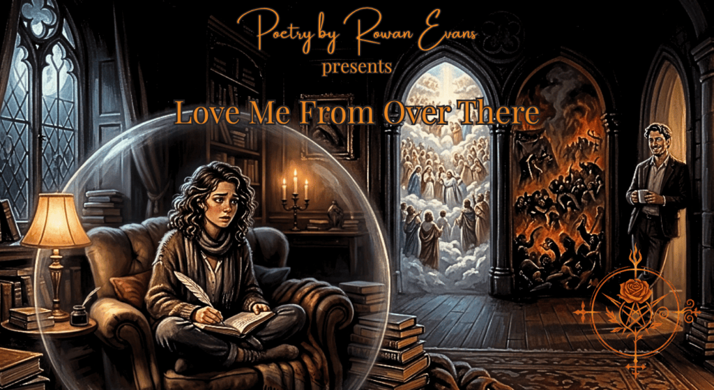 A poet sitting comfortably in a quiet room while a loved one waits affectionately at a respectful distance.
