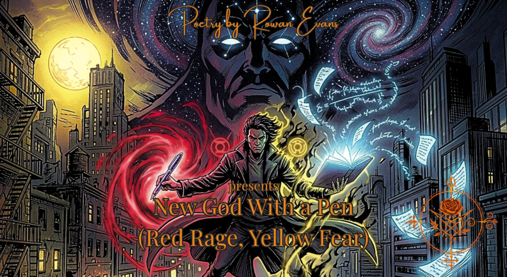 A poet holding a glowing pen amid red rage and yellow fear energy beneath a towering cosmic comic-book figure.