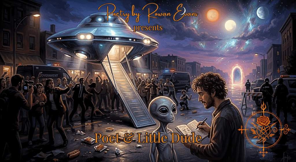 A poet with a notebook stands beside a small gray alien in a city as a strange spacecraft and frightened crowd surround them beneath a surreal twilight sky.