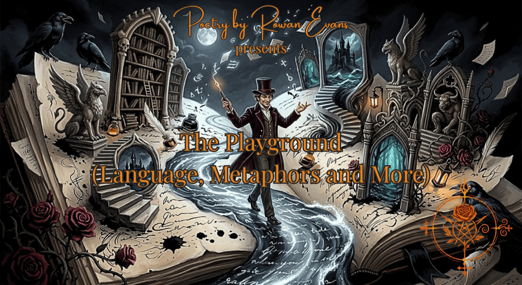 A poet walks through a surreal playground built from an open notebook, surrounded by ravens, moonlight, roses, mythology, and flowing ink.