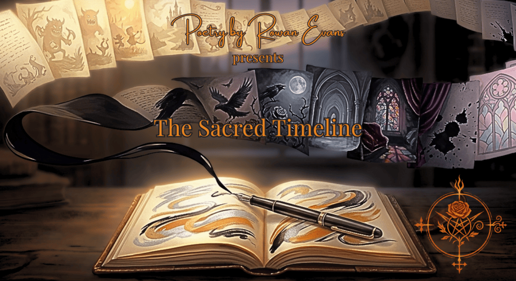 An open notebook and pen at the center of a visual timeline showing childhood imagination evolving into gothic, reflective, and colorful poetry.
