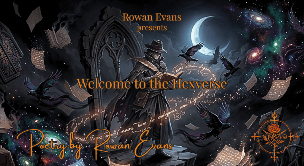 A poet standing at the center of a surreal multiverse surrounded by glowing pages, ink, shadows, and magical imagery.