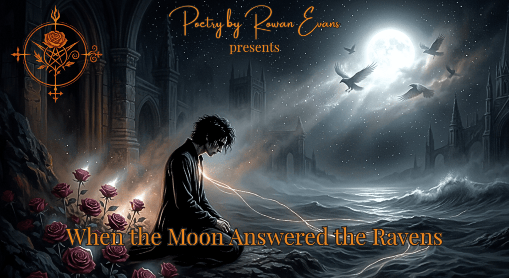 A poet kneels beside moonlit crimson roses in a dark abyss as ravens circle beneath a returning moon and distant ocean waves.