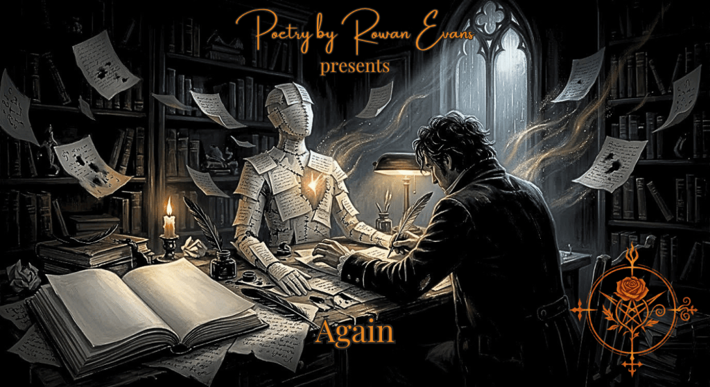 A gothic poet assembles fragments of handwritten pages into a glowing figure at a midnight writing desk.