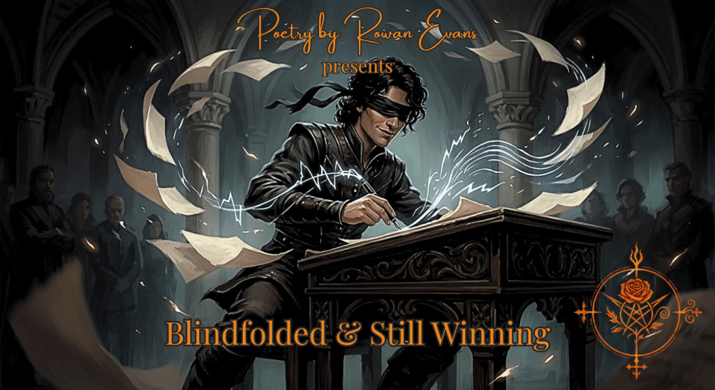 A blindfolded poet writes confidently at a desk as pages and glowing lines of ink swirl around them, symbolizing instinctive creative writing.