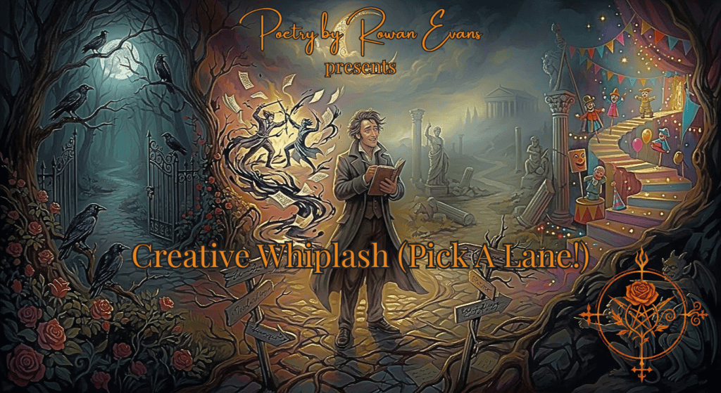 A poet stands at a surreal crossroads between gothic forests, a battle arena, mythological ruins, and a comedy stage, symbolizing creative versatility and the struggle to choose one artistic style.