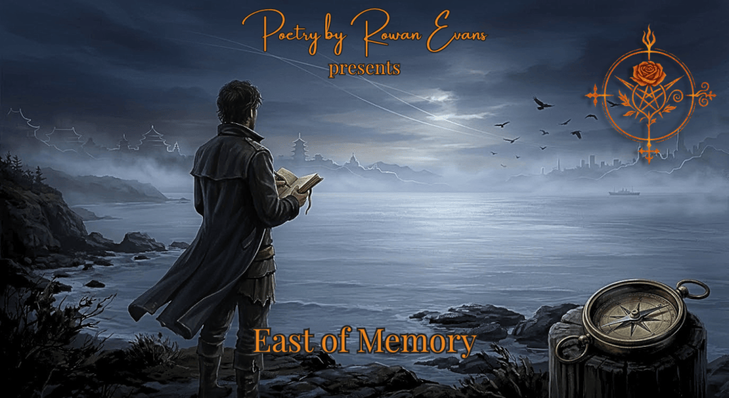 A solitary poet stands on a moonlit Pacific coastline with a journal and compass, gazing east toward distant Asian shores beneath faint flight paths.