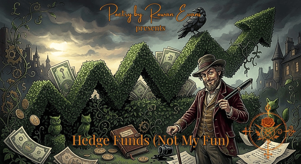A mischievous poet stands beside a giant hedge shaped like a financial graph with stacks of money hidden behind it.