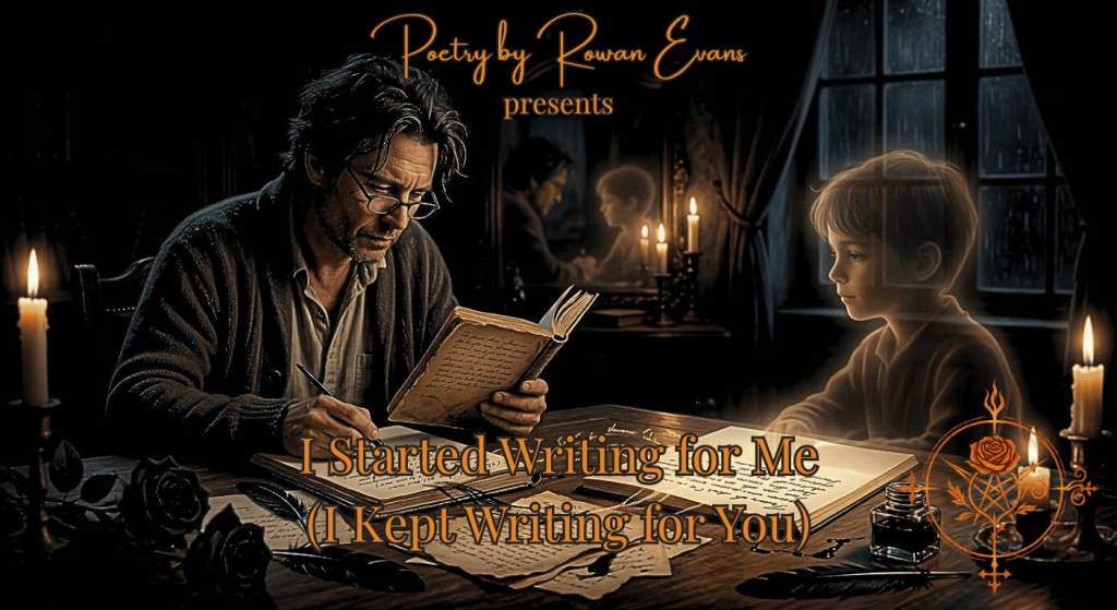 An adult poet revisits an old manuscript while writing a new version, with a younger version of themselves reflected nearby.