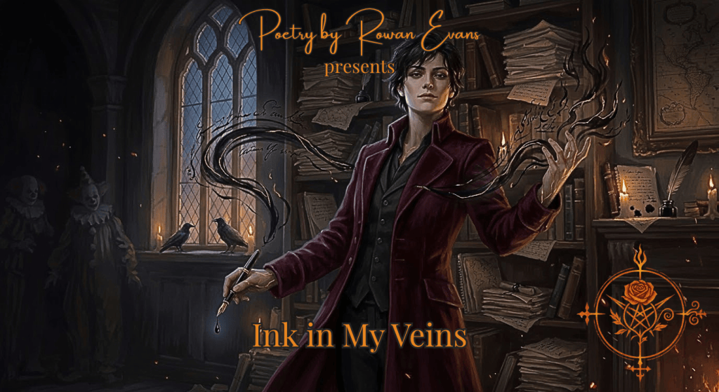 A confident poet holds an ink-dripping fountain pen as swirling black ink and golden flames surround them in a dark, manuscript-filled writing studio.