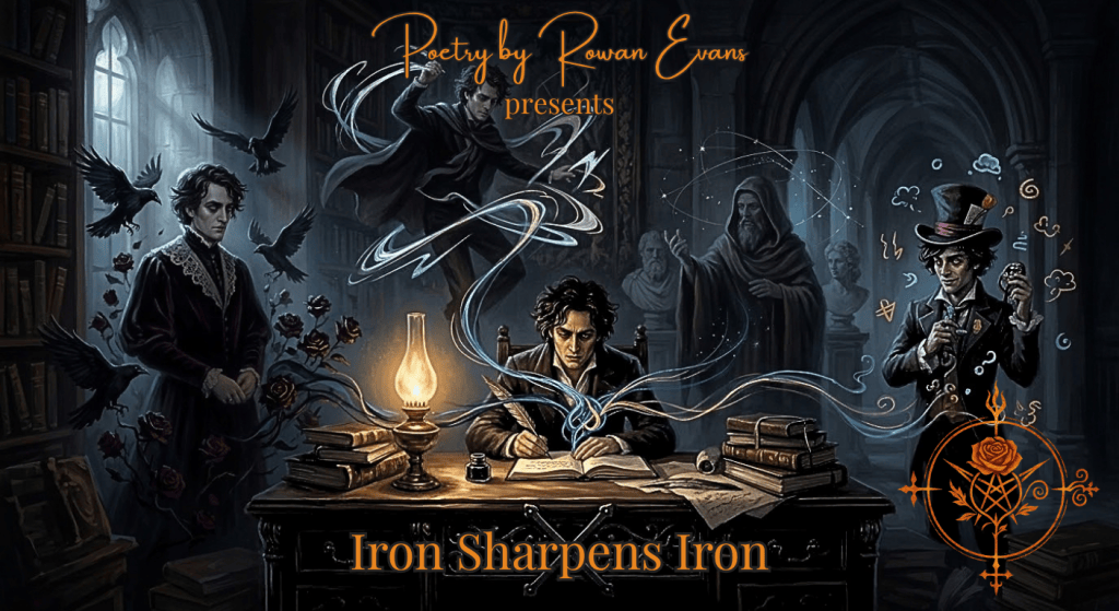 A poet surrounded by multiple shadowy versions of themselves representing gothic romance, humor, mythology, and battle poetry, all connected by glowing strands of ink.