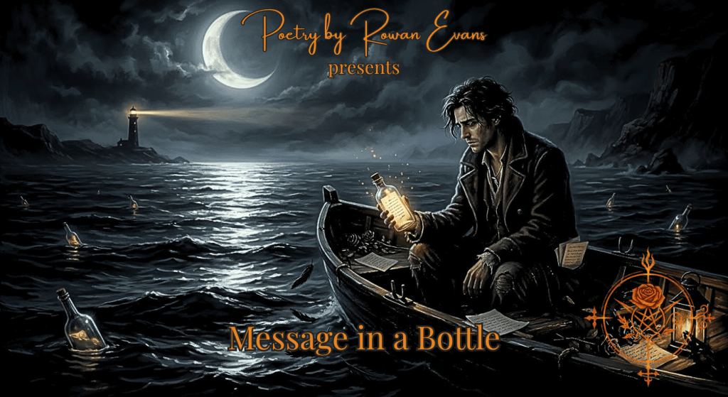 A poet in a small rowboat holds a glowing message in a bottle while a distant lighthouse shines across a moonlit ocean.