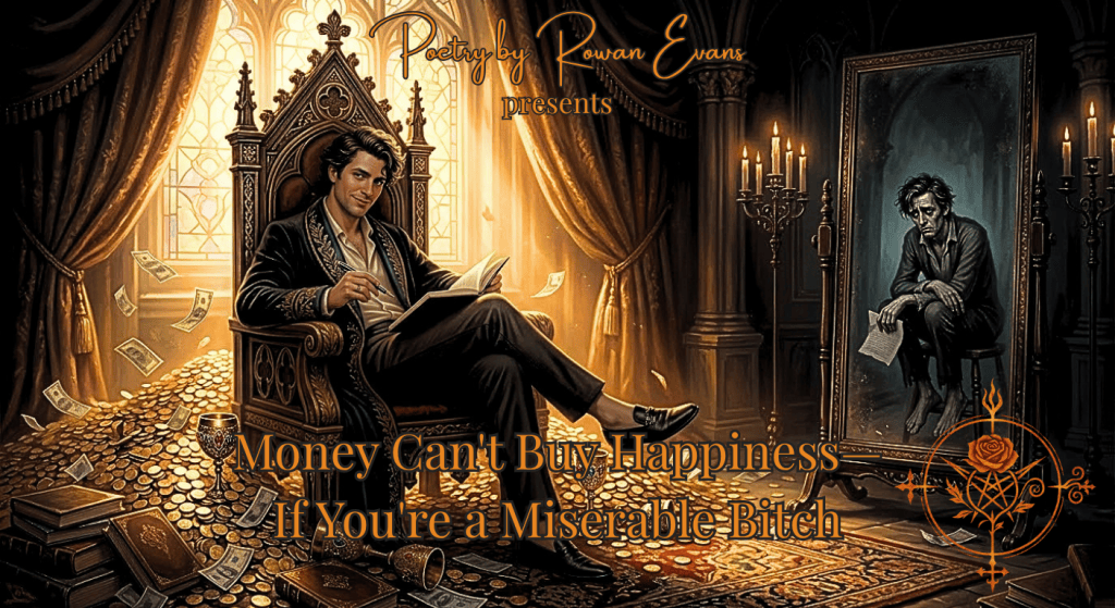 A poet surrounded by wealth and luxury while a dark reflection suggests that money cannot create inner happiness.
