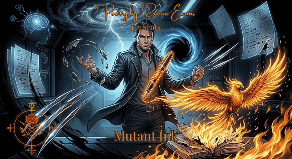 A poet wields a glowing fountain pen amid floating metal, a teleportation vortex, storm clouds, and orange flames as a fiery phoenix rises from a burning manuscript, symbolizing mutant-inspired wordplay and creative rebirth.