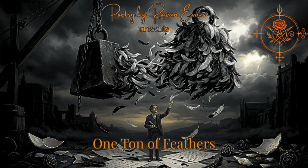 A poet holds a fountain pen beneath an enormous weight transforming from dark iron into a massive cloud of feathers.