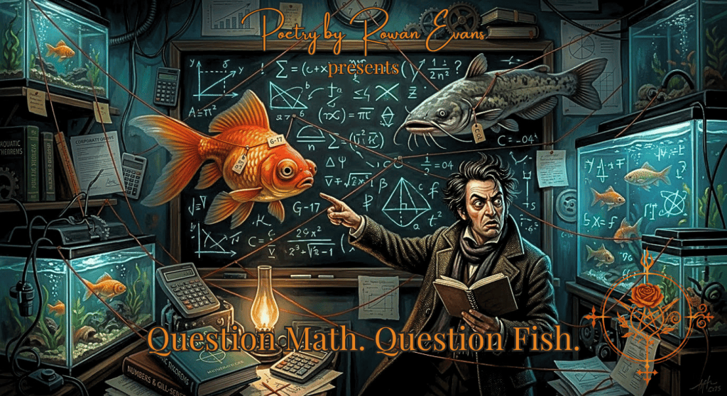A poet investigates a surreal conspiracy involving mathematical symbols, goldfish, catfish, calculators, and an aquarium.