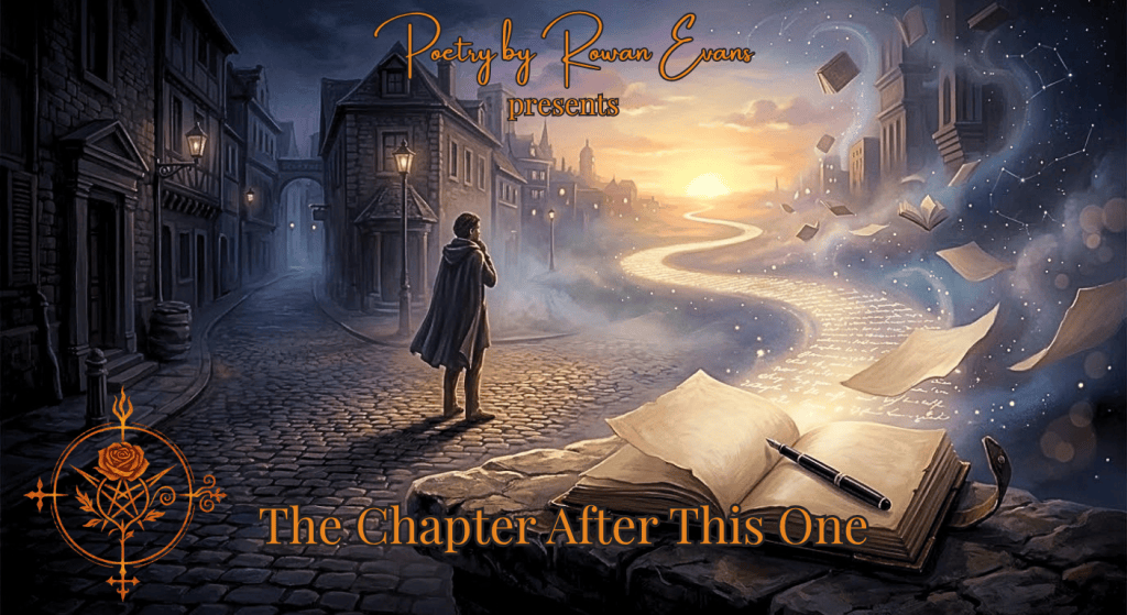A solitary figure stands on an unfamiliar dreamlike street beside an open book and fountain pen, watching a winding path lead toward a golden horizon that symbolizes an unwritten future.