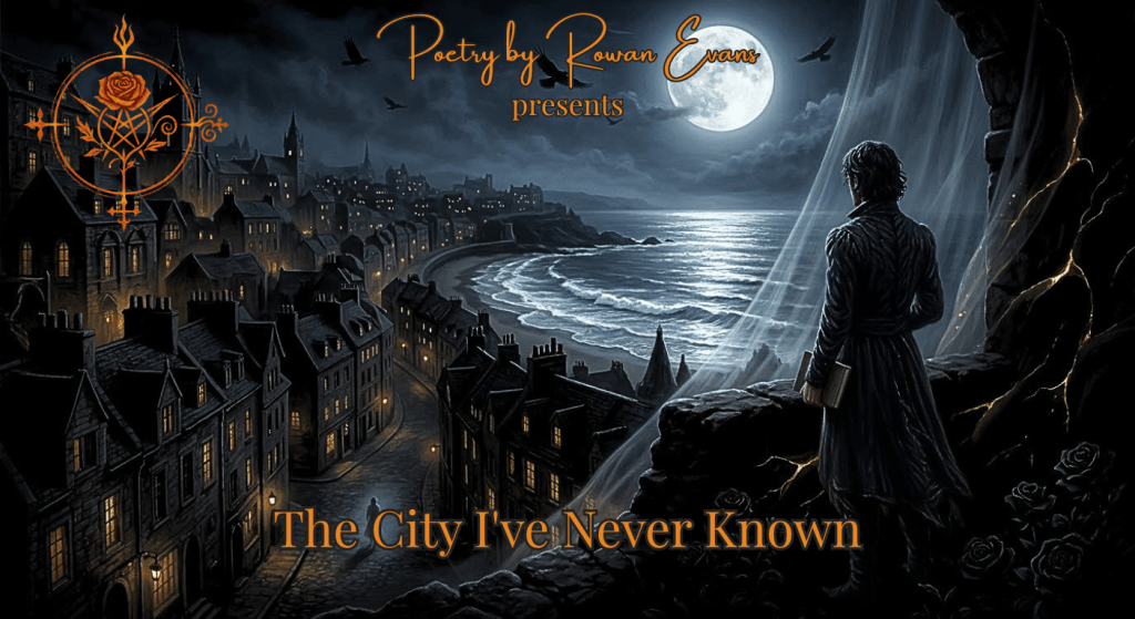 A solitary poet overlooks a mysterious coastal city beneath a moonlit sky, surrounded by silver ocean waves.