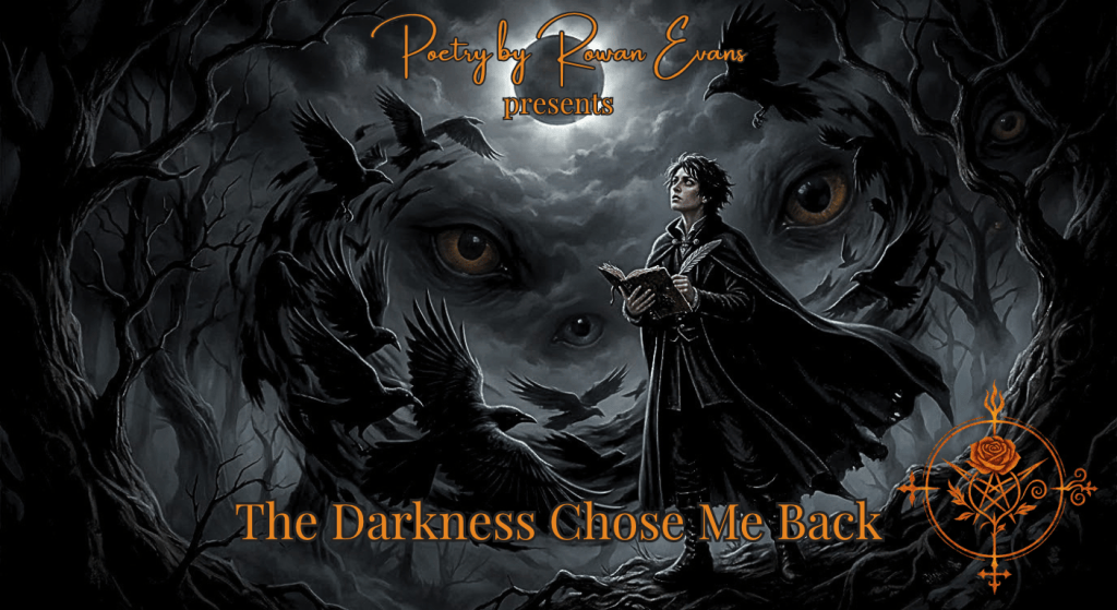A lone poet stands beneath a solar eclipse as a swirling flock of ravens surrounds them in silver moonlight.