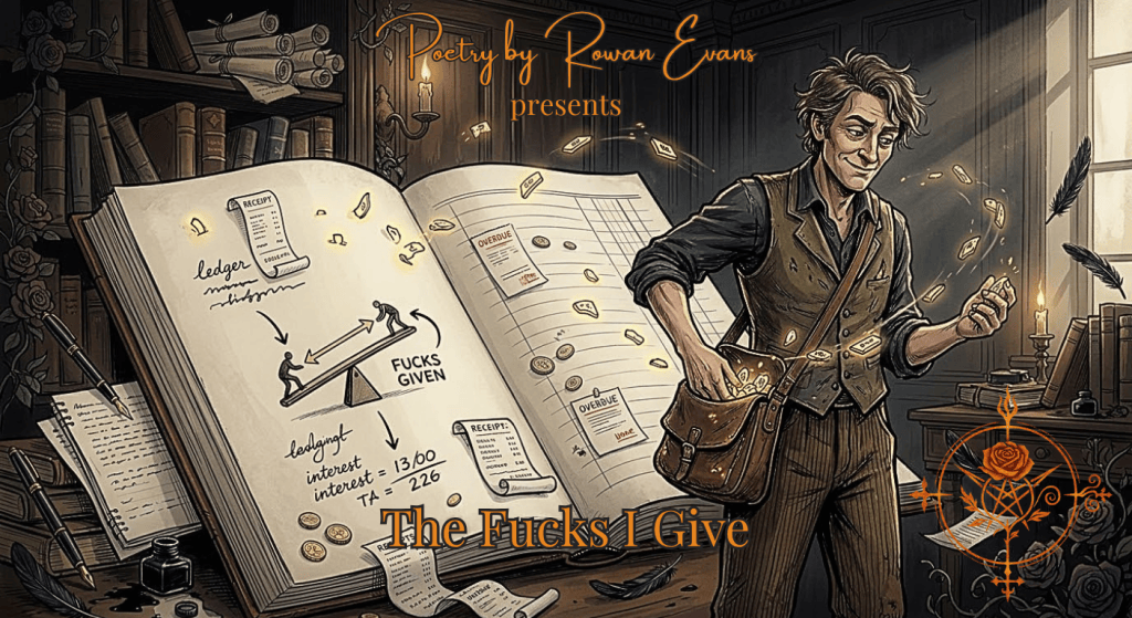 A poet reclaims glowing tokens representing emotional energy from a surreal gothic ledger surrounded by notebooks, receipts, fountain pens, and raven feathers.