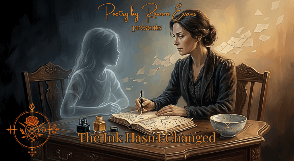 An adult poet reflects beside a translucent younger version of herself at a writing desk with black and golden ink, a cracked bowl repaired with gold, and map-like patterns symbolizing healing and personal growth.