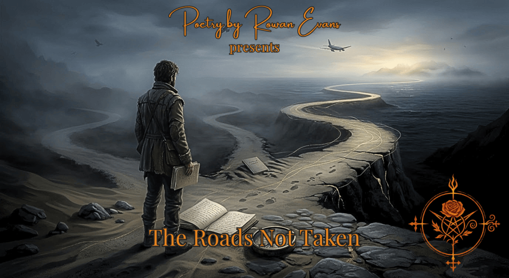 A poet stands at a crossroads with a notebook and compass, looking toward a distant Pacific horizon as a passenger jet crosses the sky.