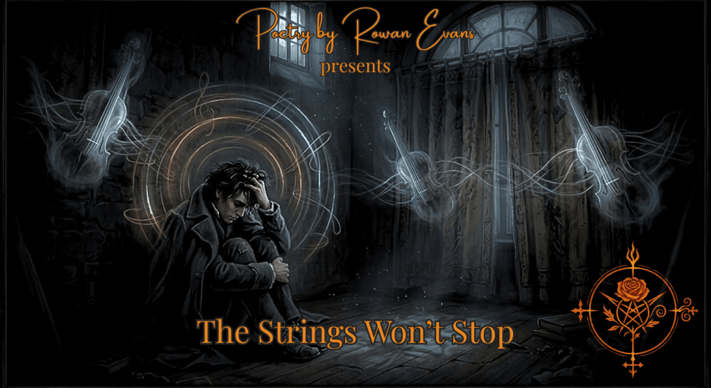 A solitary figure sits rocking in the corner of an empty room surrounded by ghostly violins, symbolizing anxious thoughts that won't stop repeating.