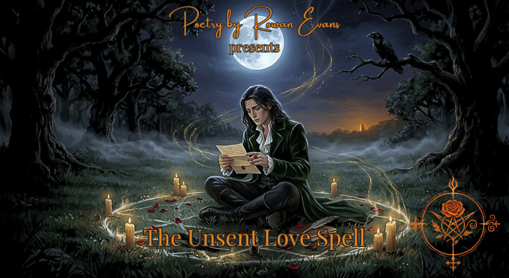 A poet performs a moonlit ritual with roses, gold powder, a raven feather, blood, and an unsent love letter.