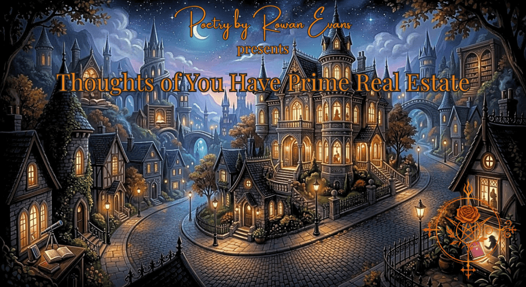 A surreal neighborhood inside the mind with glowing homes and one magnificent house overlooking the others, symbolizing thoughts of someone occupying prime mental real estate.