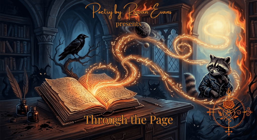 An open book glows with warm orange light as a raven, shadowy monsters, a raccoon in silk pajamas, and distant cosmic scenery emerge from its pages, symbolizing the connection between a poet and readers.