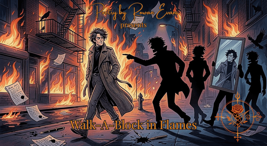 A poet walks around a city block engulfed in symbolic flames while shadowy figures representing imaginary haters follow behind.