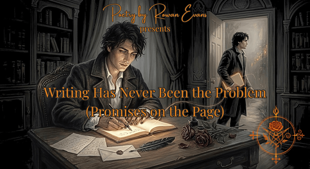 A poet writes promises in a glowing notebook while hesitating at an open doorway leading from the safety of the page into the real world.